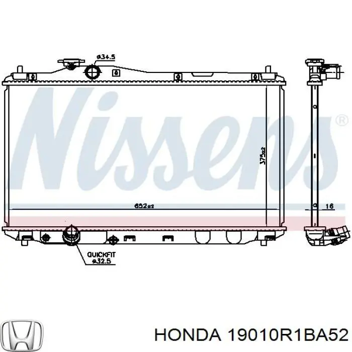 19010R1BA52 Honda radiador refrigeración del motor