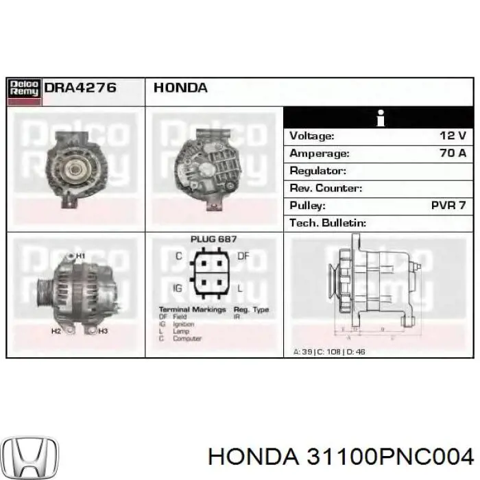Alternador 31100PNC004 Honda