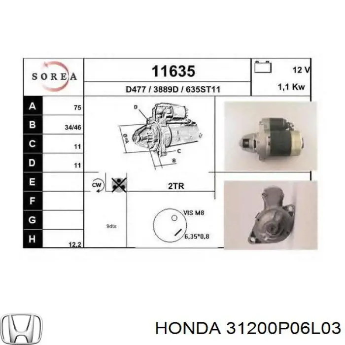 Burro de arranque  Honda 31200P06L03 precio, desde 144,41 EUR