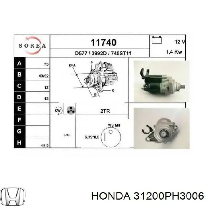 31200PH3006 Honda motor de arranque