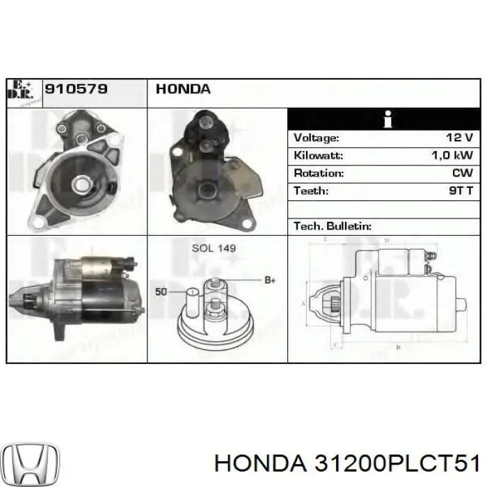 31200PLCT51 Honda motor de arranque