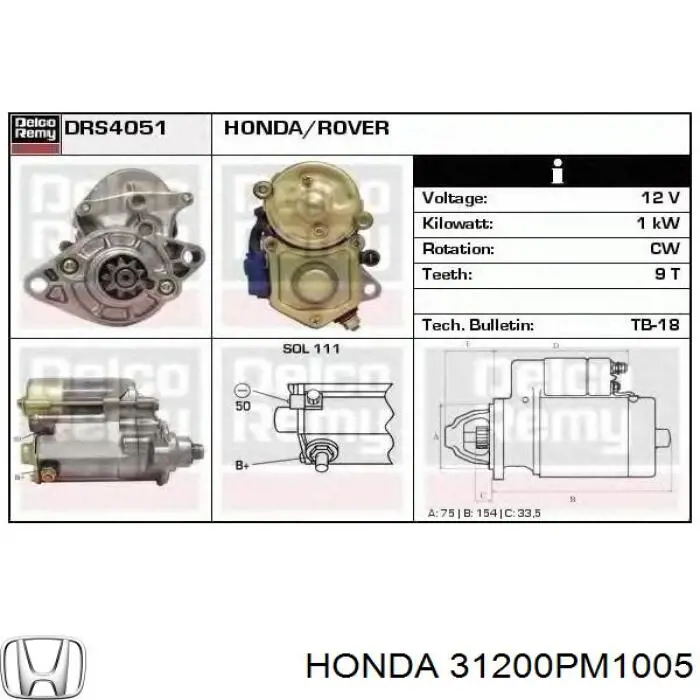31200-PM1-005 Honda motor de arranque