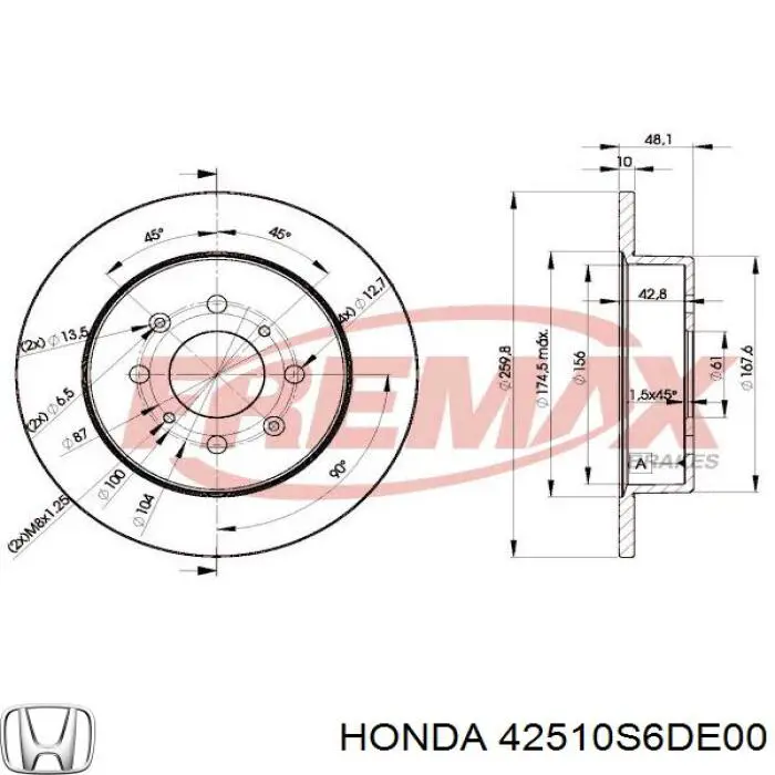 Disco de freno trasero 42510S6DE00 Honda