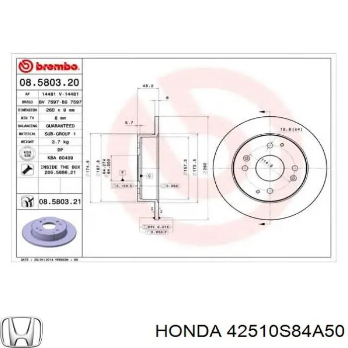 Disco de freno trasero 42510S84A50 Honda