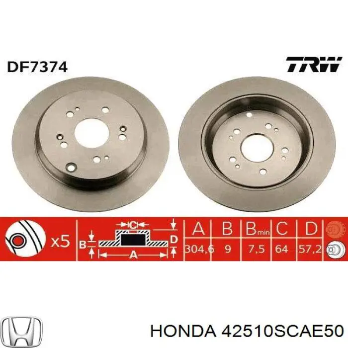 Disco de freno trasero 42510SCAE50 Honda