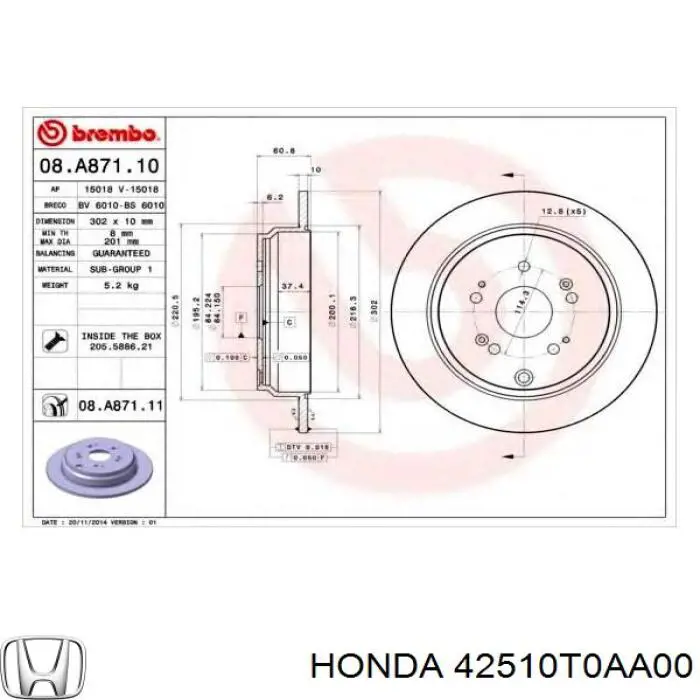 Disco de freno trasero 42510T0AA00 Honda