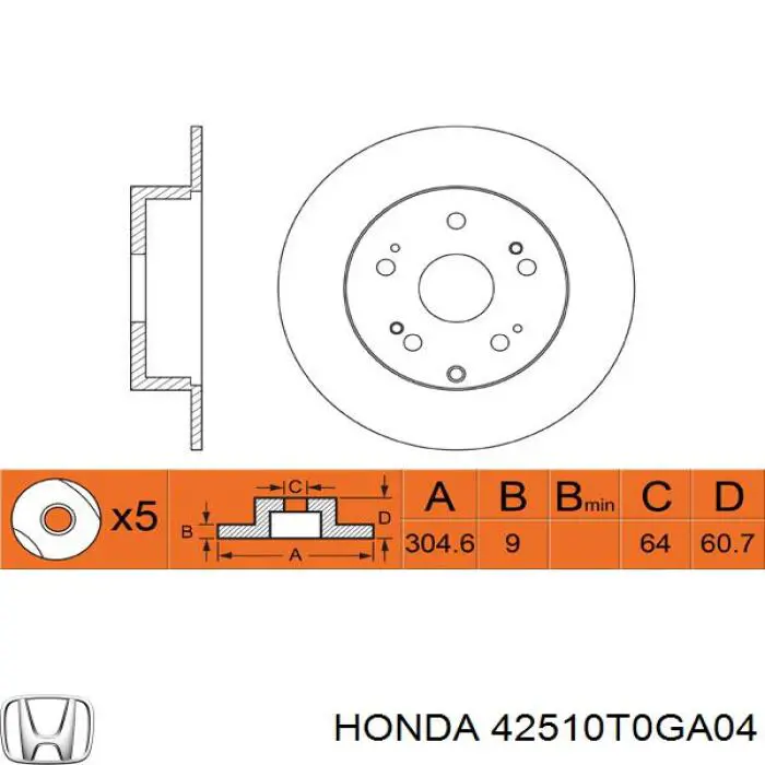Disco de freno trasero 42510T0GA04 Honda