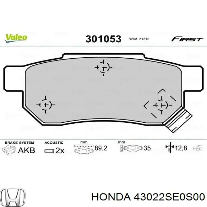 43022SE0S00 Honda pastillas de freno traseras