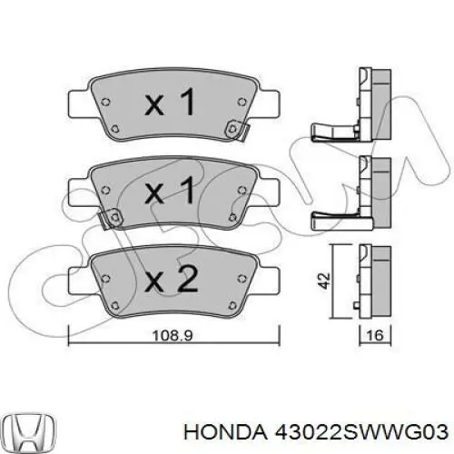 Pastillas de freno traseras 43022SWWG03 Honda