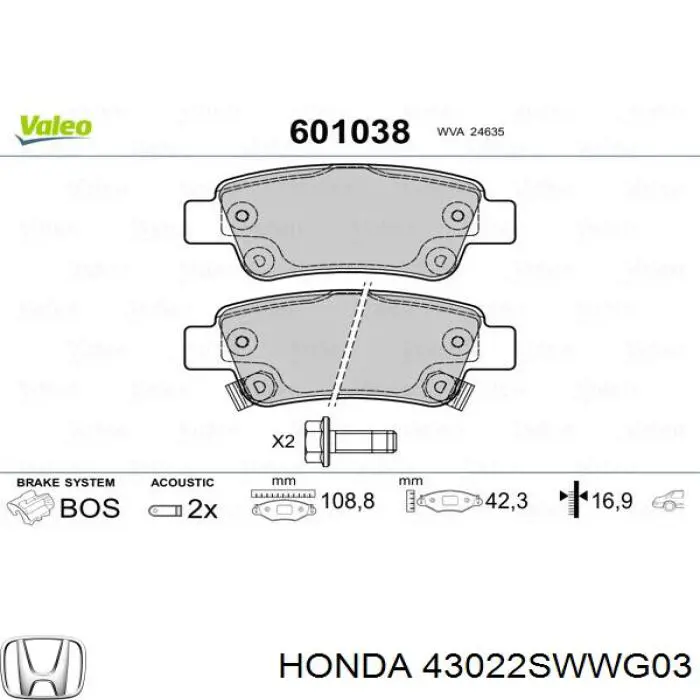 Comprar 43022SWWG03 Honda Pastillas de freno traseras