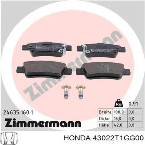 43022T1GG00 Honda Pastillas freno traseras