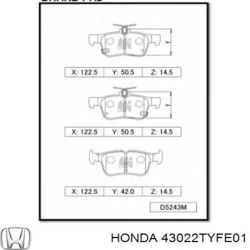 43022TYFE01 Honda pastillas de freno traseras