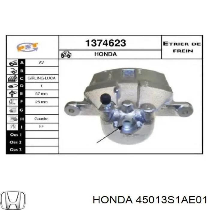 45013S1AE01 Honda pinza de freno delantera izquierda