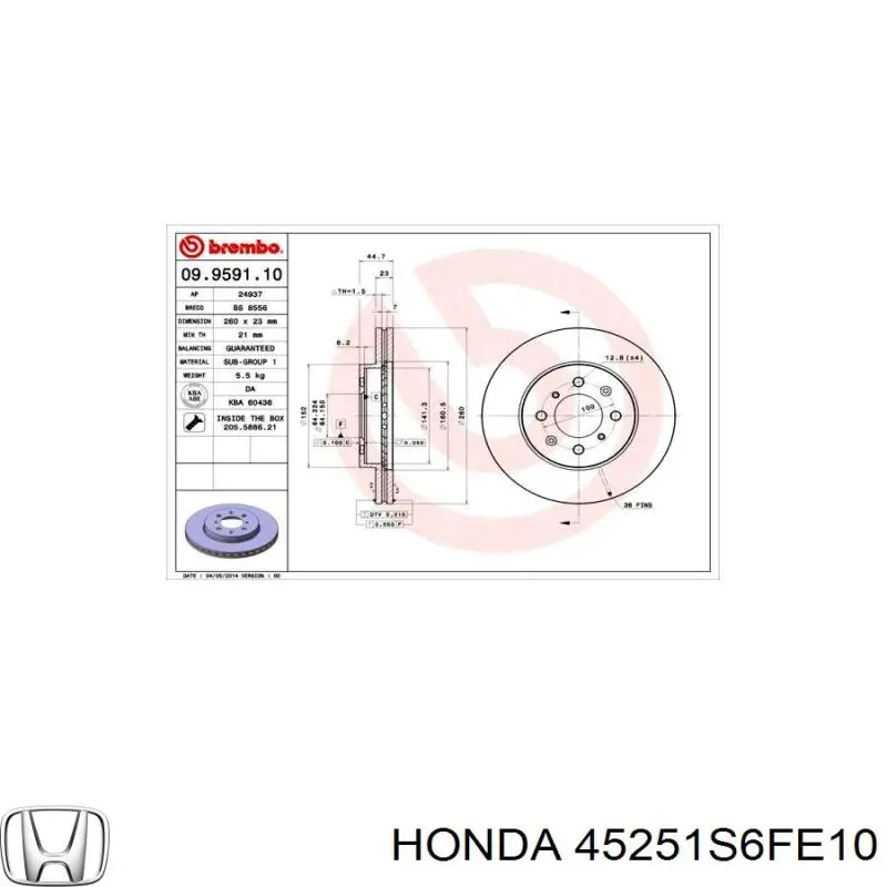 45251S6FE10 Honda disco de freno delantero