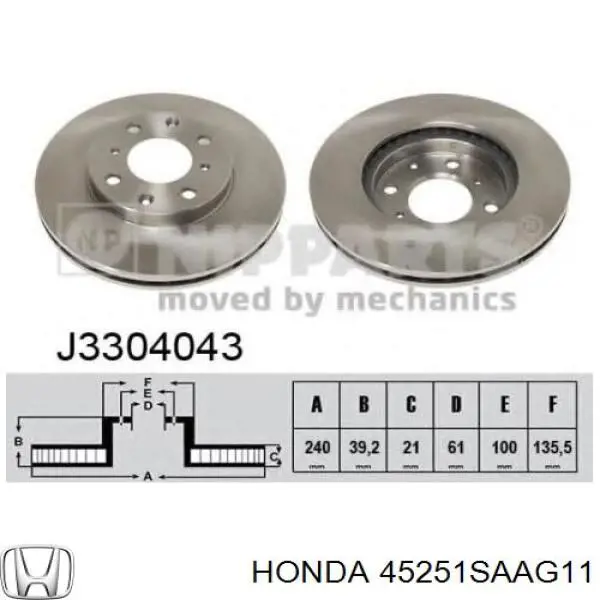 45251SAAG11 Honda disco de freno delantero