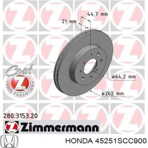 Disco de freno delantero Honda 45251SCC900