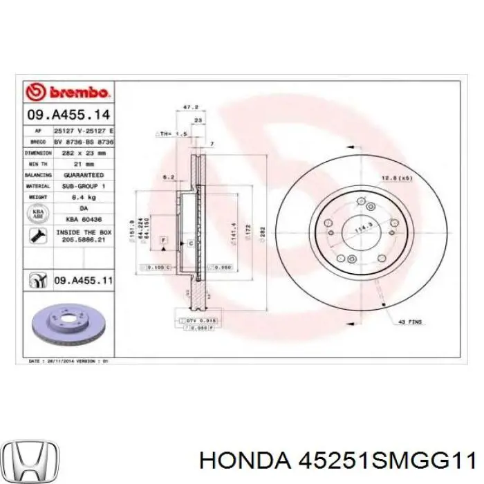 45251SMGG11 Honda freno de disco delantero