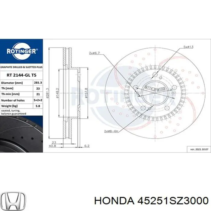 Disco de freno delantero Honda 45251SZ3000