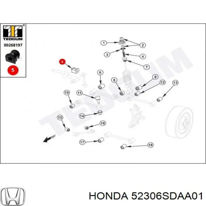 Soporte, estabilizador eje trasero Honda 52306SDAA01