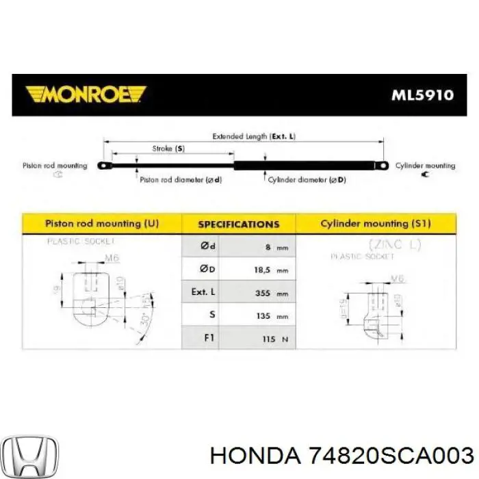 Comprar 74820SCA0031 Honda Amortiguador de vidrio de portón trasero (puerta trasera 3/5)