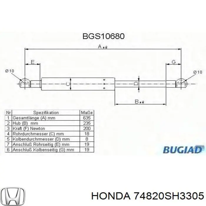 74820SH3305 Honda amortiguador de maletero