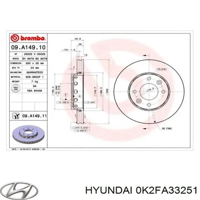 0K2FA33251 Hyundai/Kia freno de disco delantero