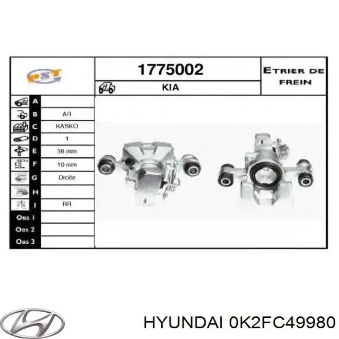 Pinza de freno trasera derecha Hyundai/Kia 0K2FC49980 precio, desde 62,44 EUR