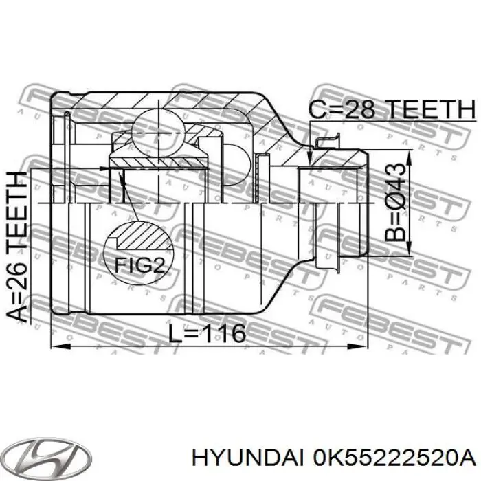 0K55222520A Hyundai/Kia junta homocinética interior delantera derecha