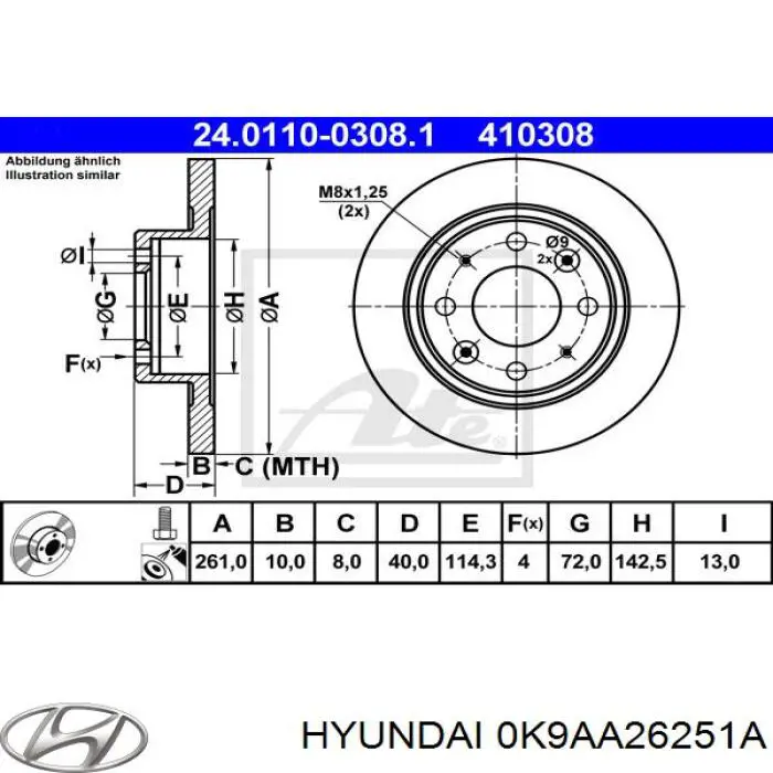 0K9AA26251A Hyundai/Kia disco de freno trasero