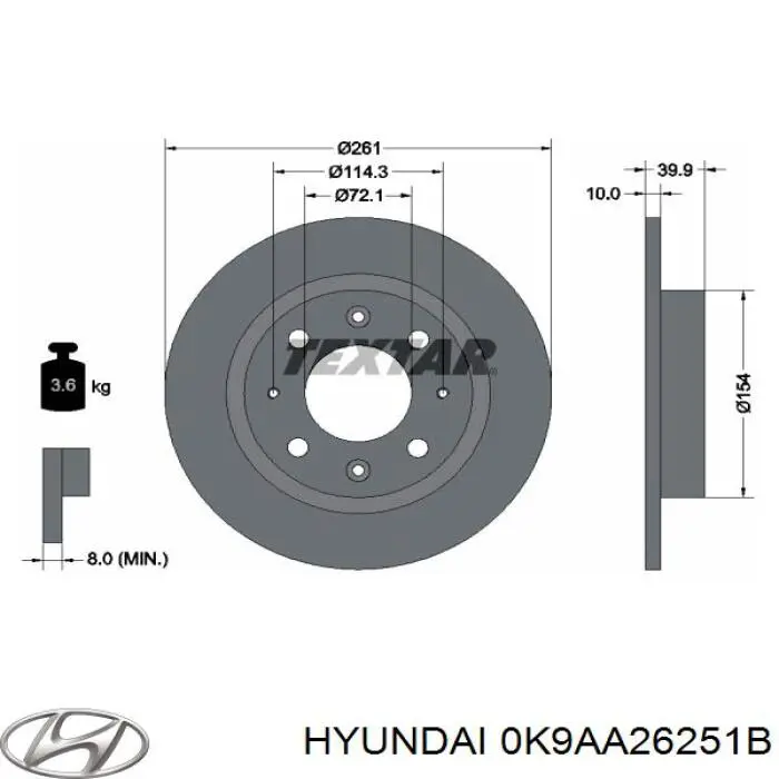 0K9AA26251B Hyundai/Kia disco de freno trasero