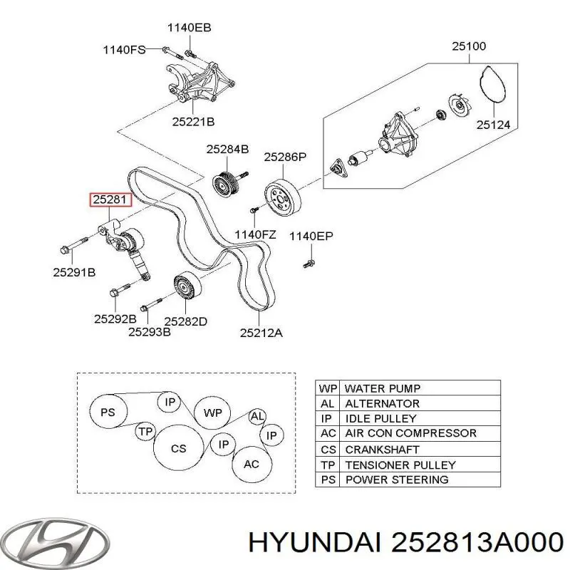 Tensor de la correa trapecial poli v Hyundai/Kia 252813A050