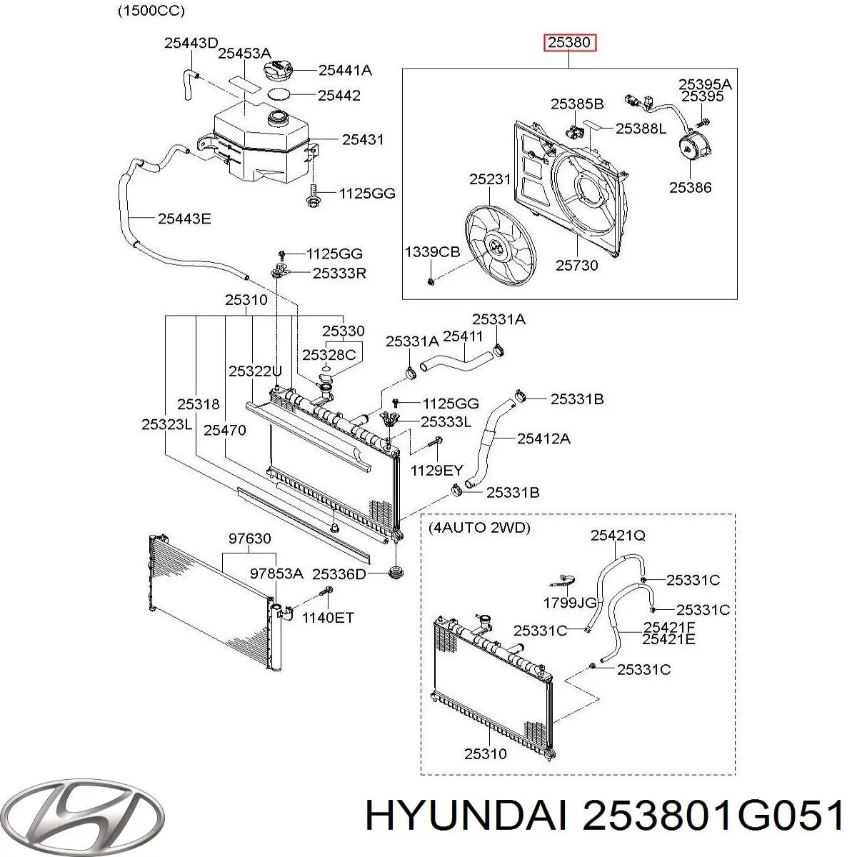 253801G051 Hyundai/Kia difusor de radiador, ventilador de refrigeración, condensador del aire acondicionado, completo con motor y rodete