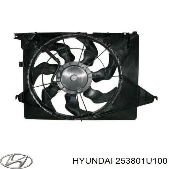 253801U100 Hyundai/Kia difusor de radiador, ventilador de refrigeración, condensador del aire acondicionado, completo con motor y rodete