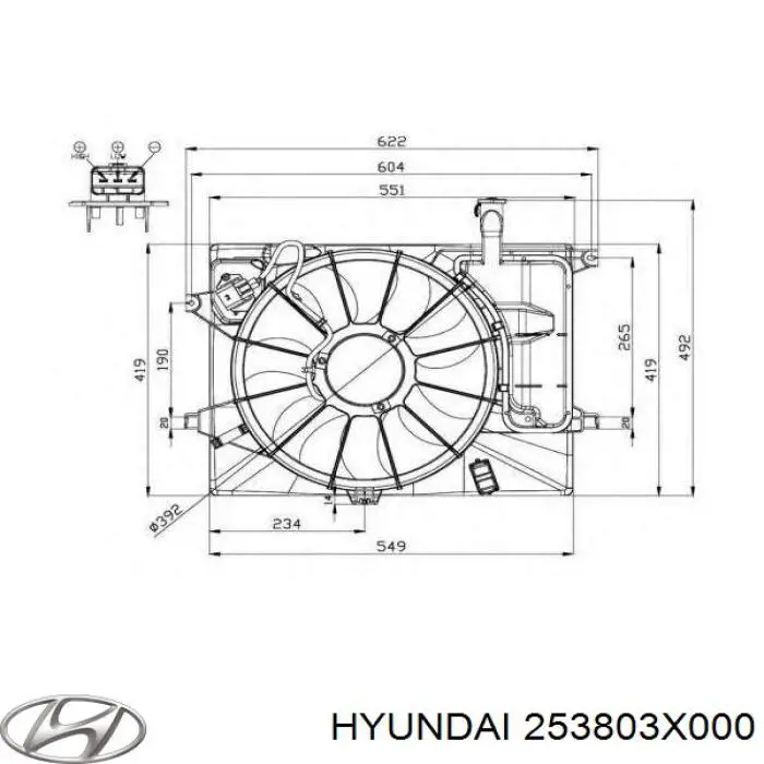 253803X000 Hyundai/Kia difusor de radiador, ventilador de refrigeración, condensador del aire acondicionado, completo con motor y rodete