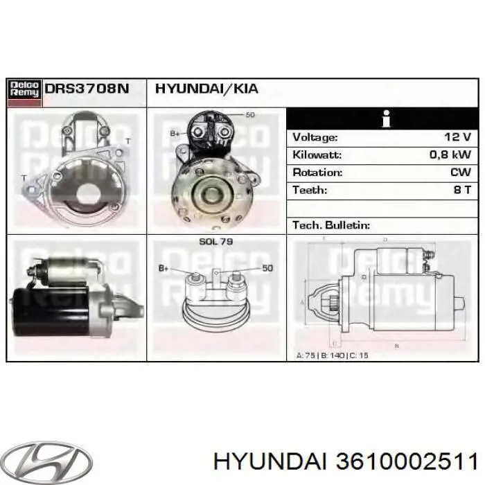 3610002511 Hyundai/Kia motor de arranque