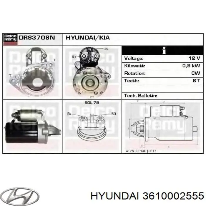 3610002555 Hyundai/Kia motor de arranque