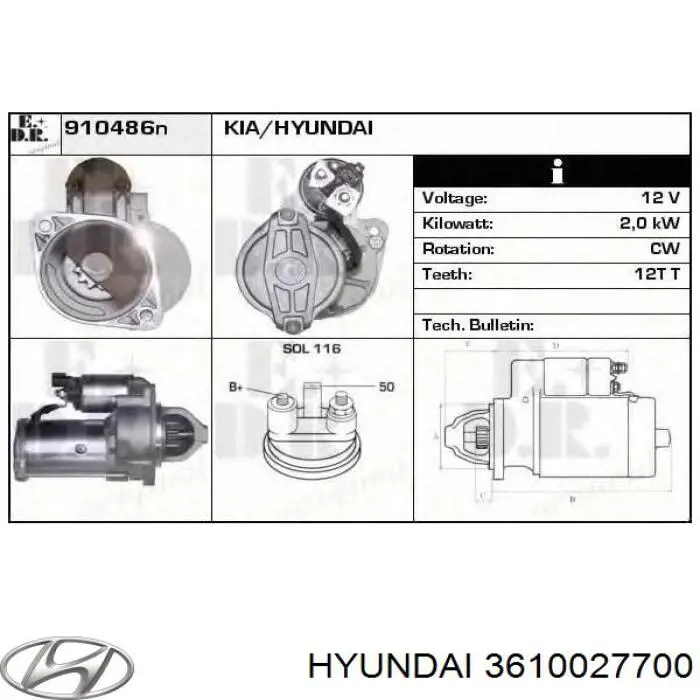 Burro de arranque  Hyundai/Kia 3610027700 precio, desde 88,57 EUR