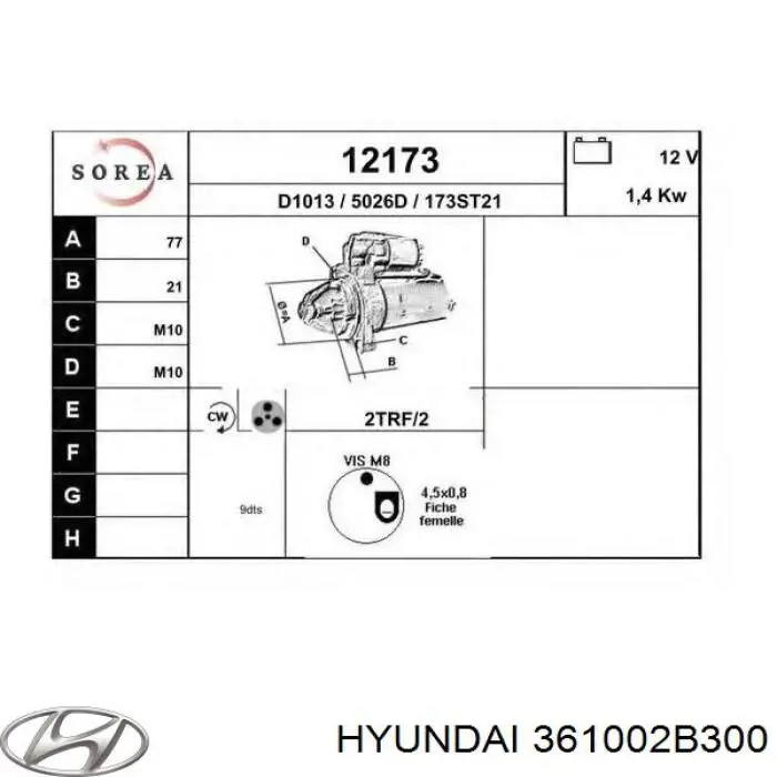 Motor de arranque 361002B300 Hyundai/Kia