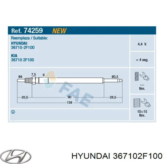Bujía de precalentamiento 367102F100 Hyundai/Kia