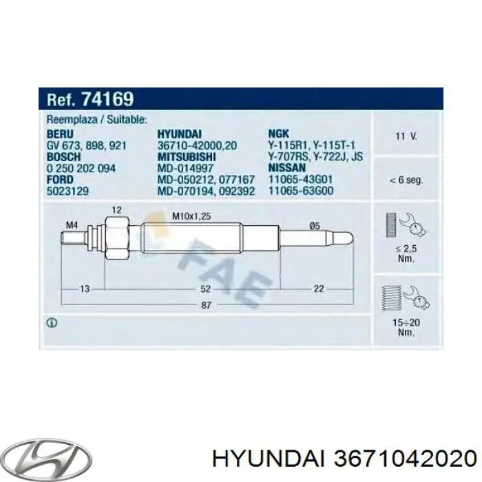 3671042020 Hyundai/Kia bujía de precalentamiento