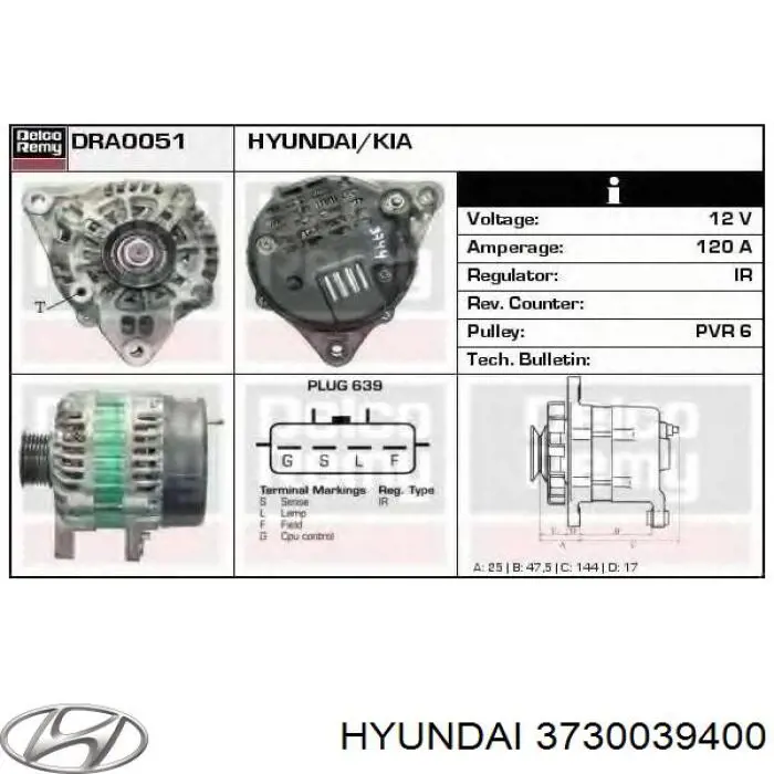 3730039400 Hyundai/Kia alternador