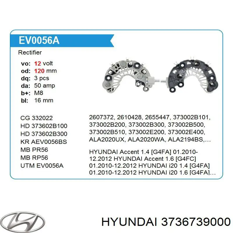 3736739000 Hyundai/Kia puente de diodos, alternador