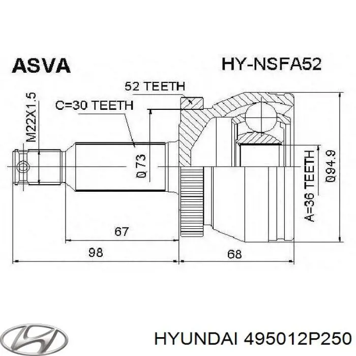 495012P250 Hyundai/Kia árbol de transmisión delantero derecho