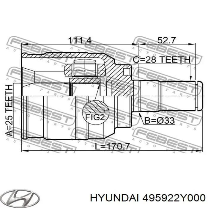 Junta homocinética interna delantera 495922Y000 Hyundai/Kia