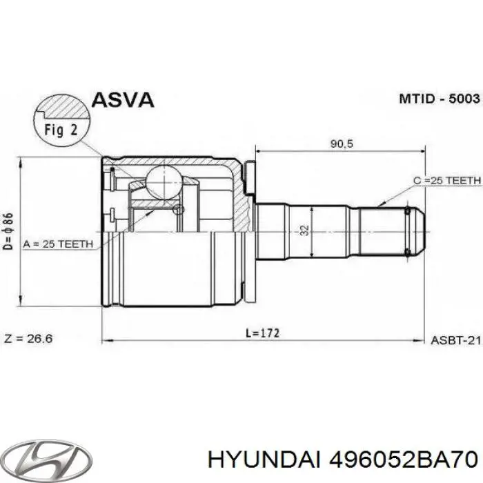 Junta homocinética interna delantera derecha 496053JA00 Hyundai/Kia