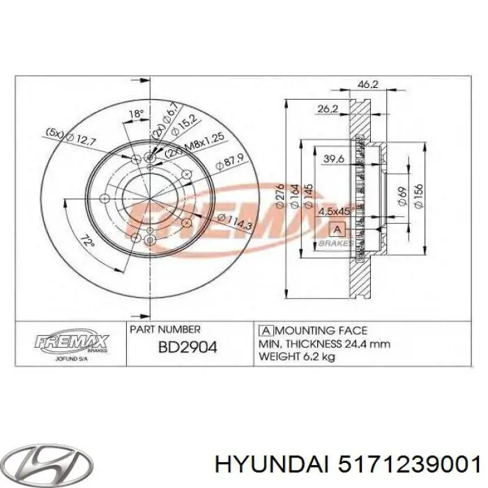 5171239001 Hyundai/Kia freno de disco delantero