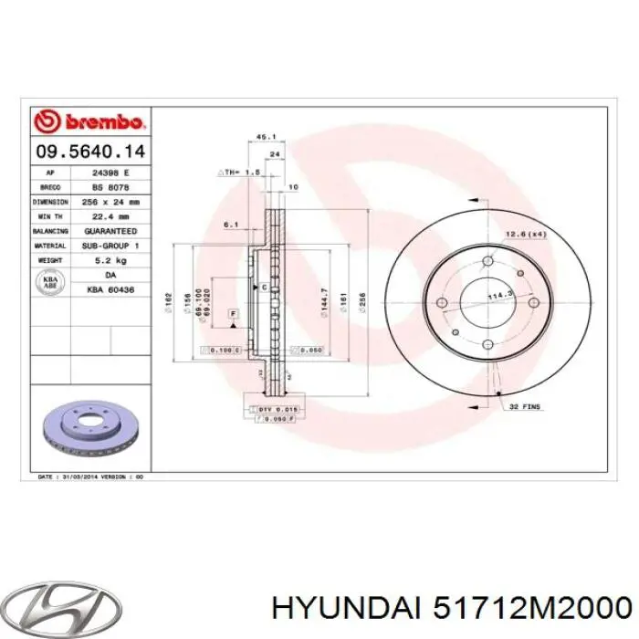 51712M2000 Hyundai/Kia freno de disco delantero