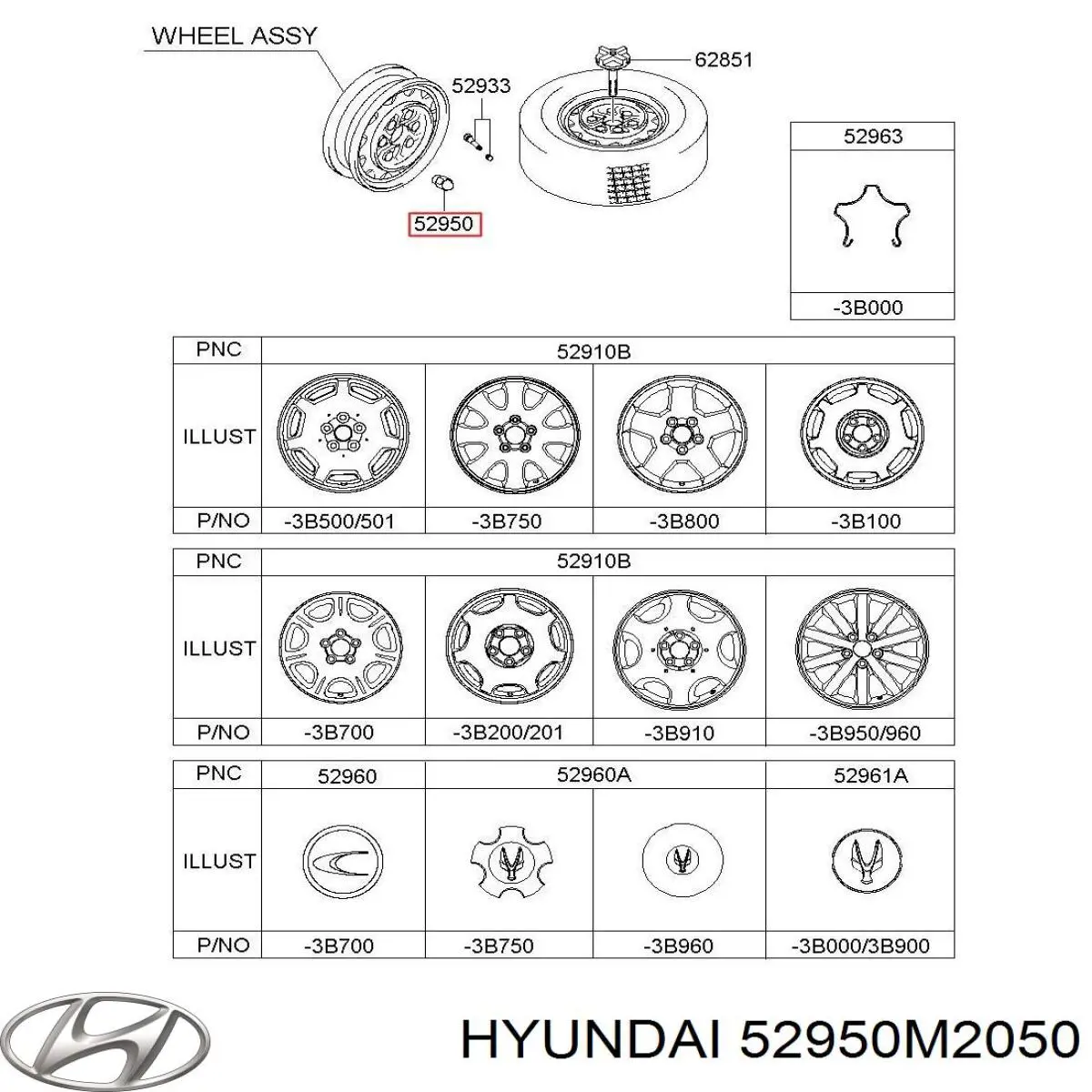52950M2050 Hyundai/Kia tuerca de rueda