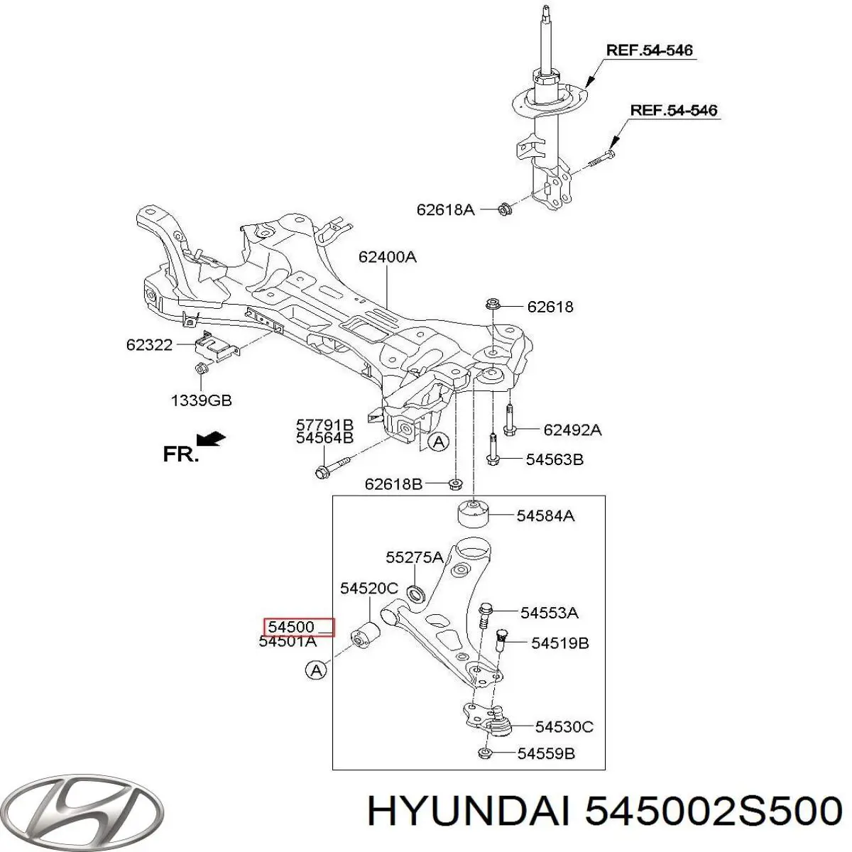 545002S500 Hyundai/Kia barra oscilante, suspensión de ruedas delantera, inferior izquierda