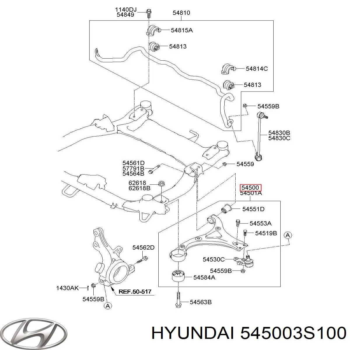 545003S100 Hyundai/Kia barra oscilante, suspensión de ruedas delantera, inferior izquierda